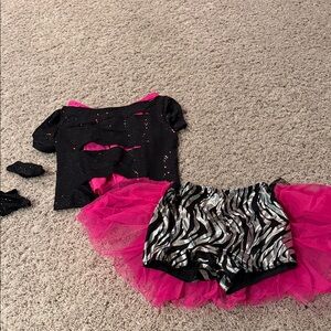 Dansco dance costume neon pink tank shredded black top zebra skirt Medium Child